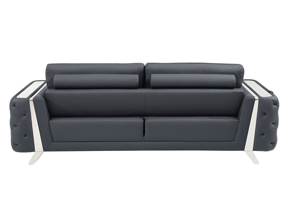 90" Gray Italian Leather Sofa With Silver Legs HomeRoots