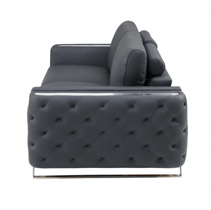 90" Gray Italian Leather Sofa With Silver Legs HomeRoots