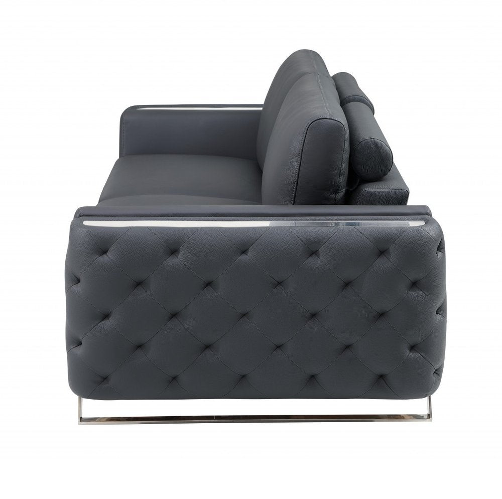 90" Gray Italian Leather Sofa With Silver Legs HomeRoots