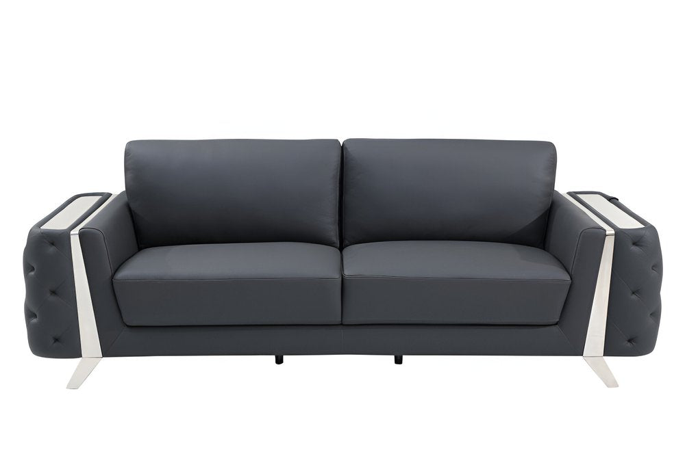 90" Gray Italian Leather Sofa With Silver Legs HomeRoots