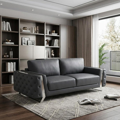 90" Gray Italian Leather Sofa With Silver Legs HomeRoots