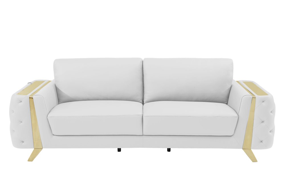 90" White Italian Leather Sofa With Gold Legs HomeRoots