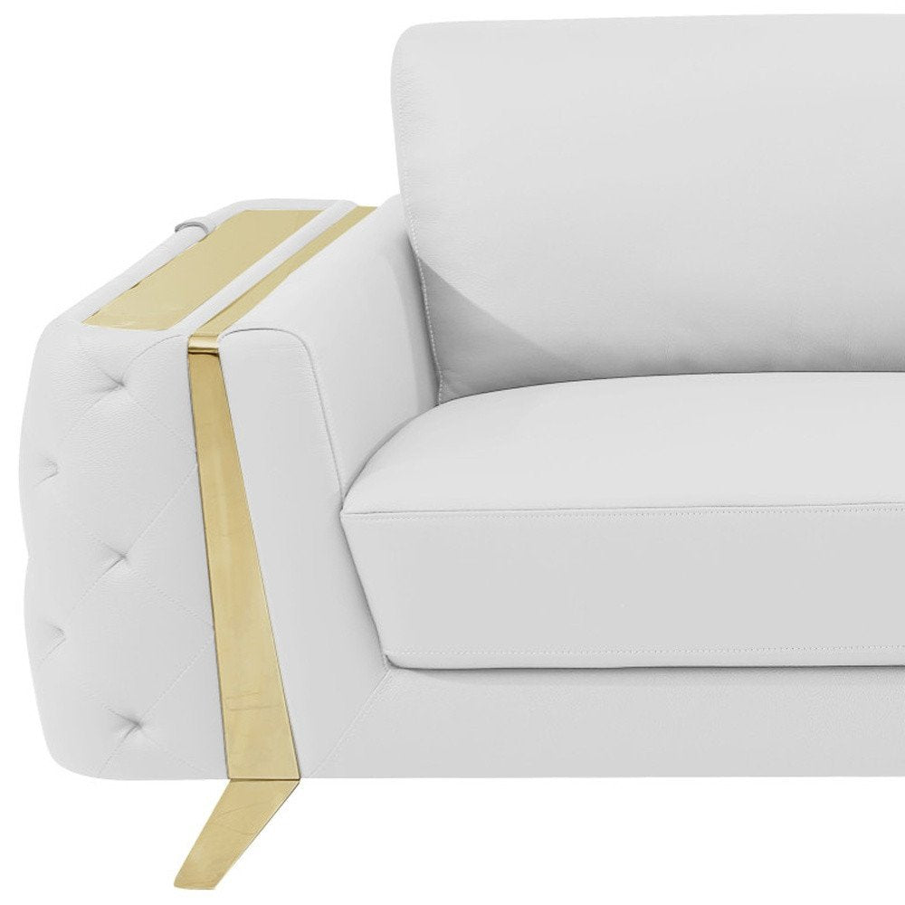 90" White Italian Leather Sofa With Gold Legs HomeRoots