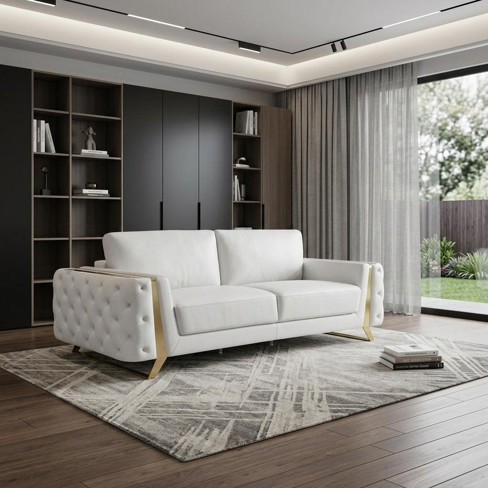 90" White Italian Leather Sofa With Gold Legs HomeRoots