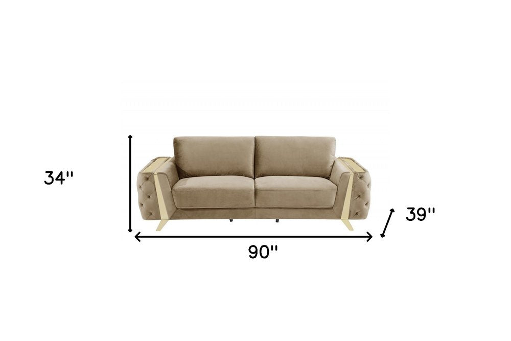90" Beige Velvet Sofa With Gold Legs HomeRoots
