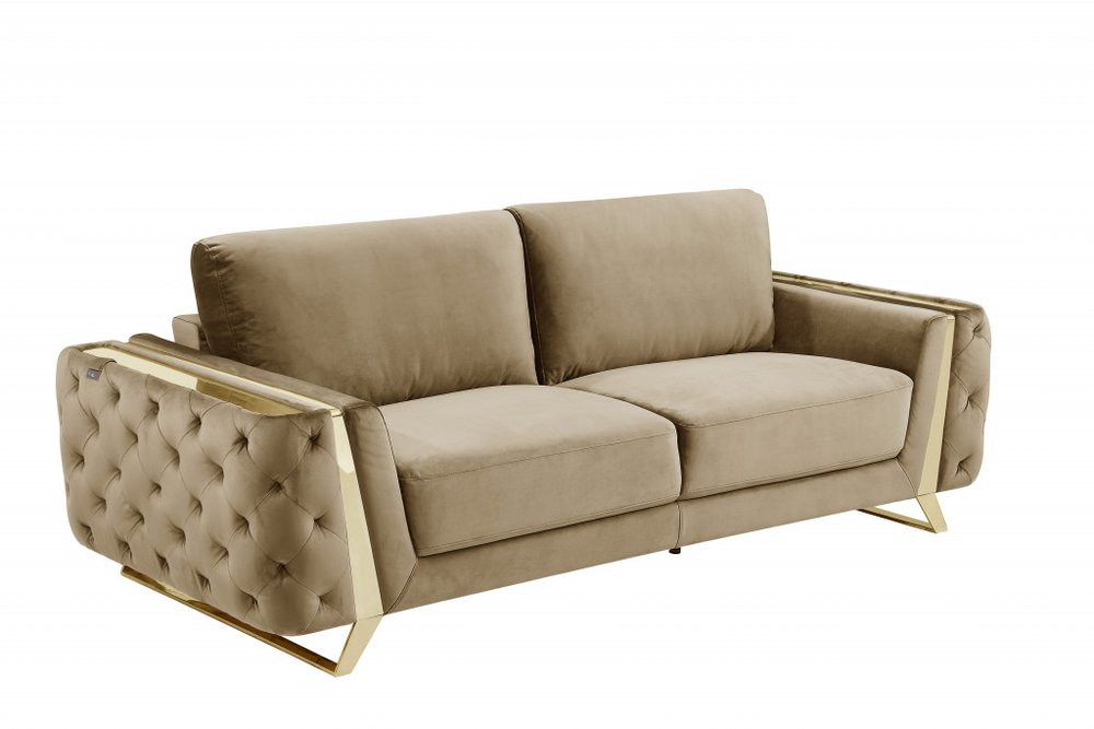 90" Beige Velvet Sofa With Gold Legs HomeRoots
