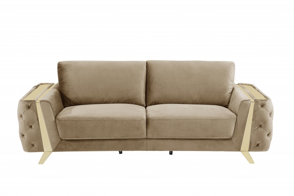 90" Beige Velvet Sofa With Gold Legs HomeRoots
