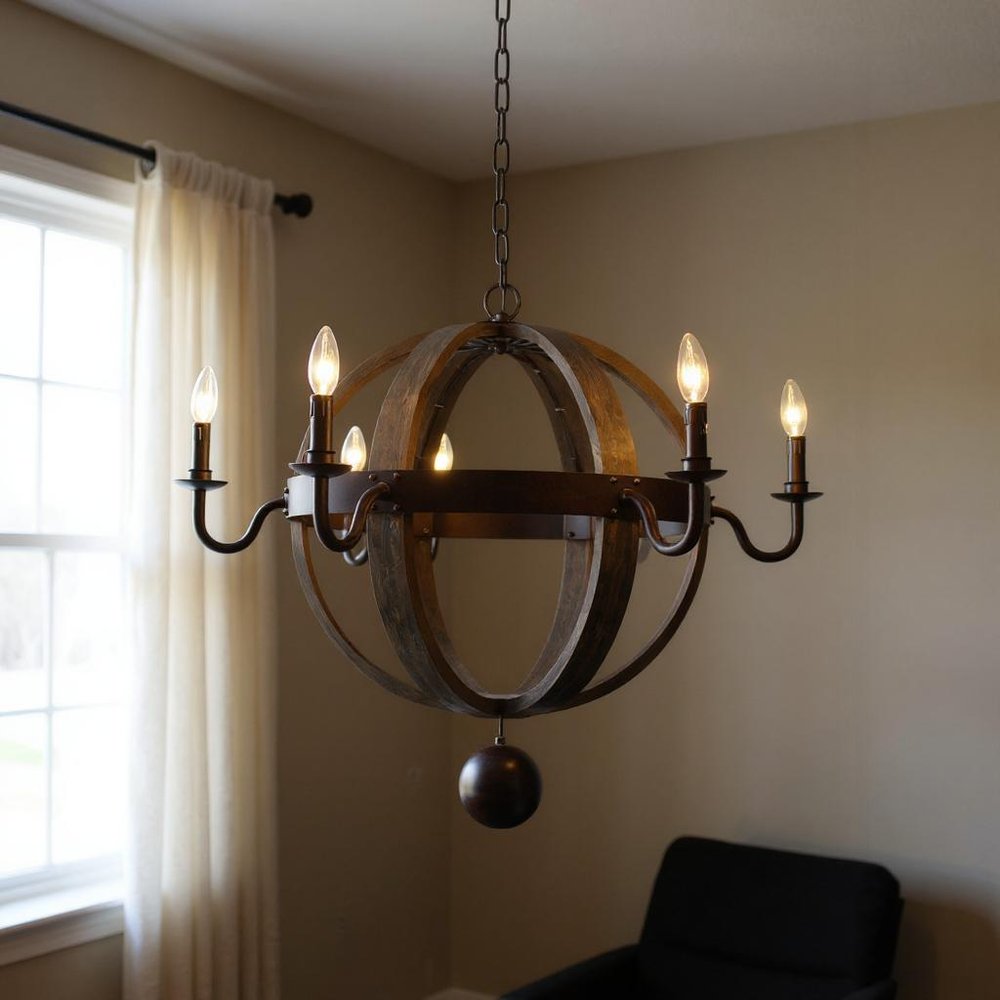 Brown Unique Statement Six Light Metal Chandelier — view 6