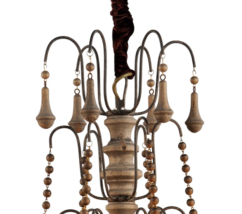 Brown Candle Style Six Light Solid Wood and Iron Chandelier