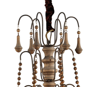 Brown Candle Style Six Light Solid Wood and Iron Chandelier