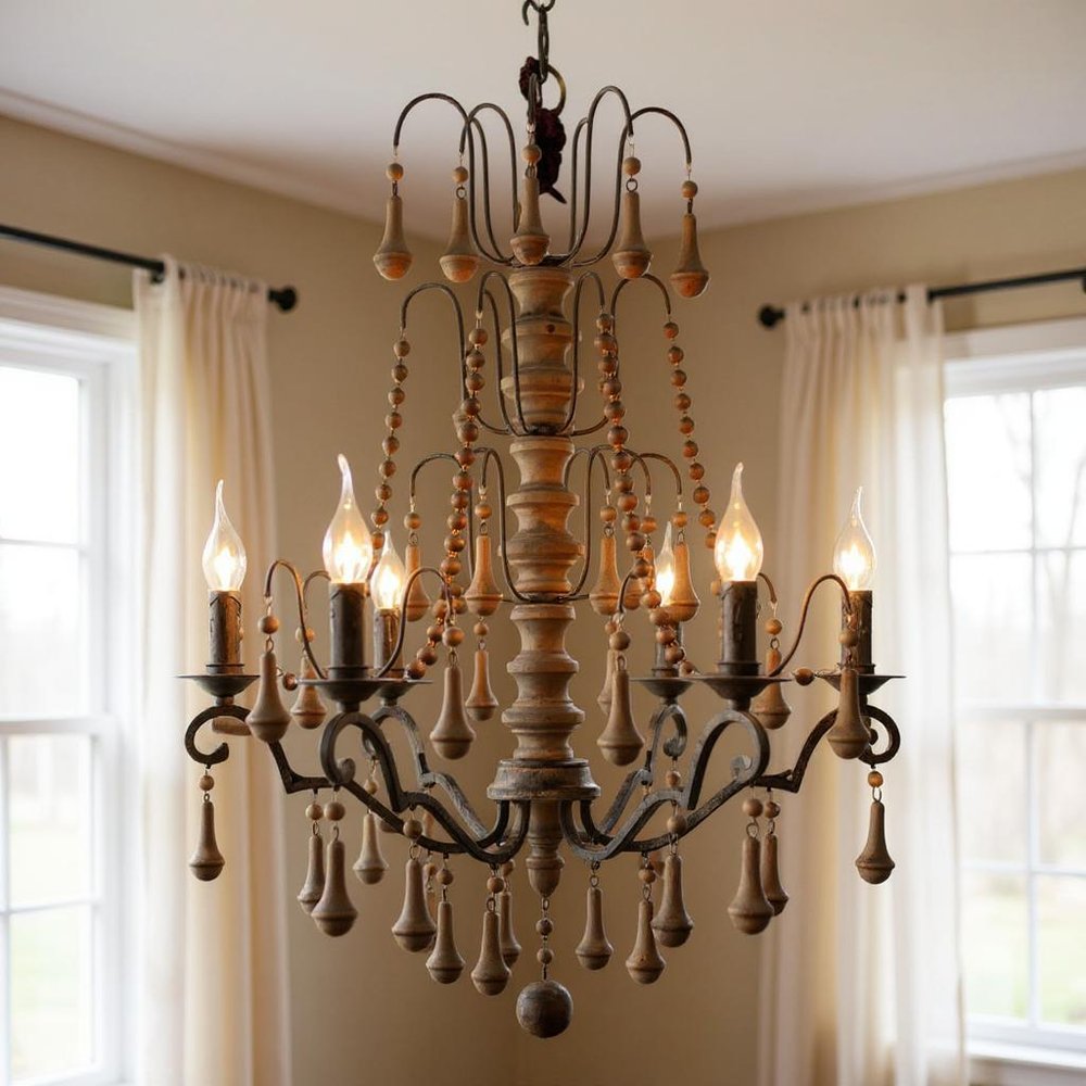 Brown Candle Style Six Light Solid Wood and Iron Chandelier