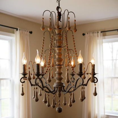 Brown Candle Style Six Light Solid Wood and Iron Chandelier