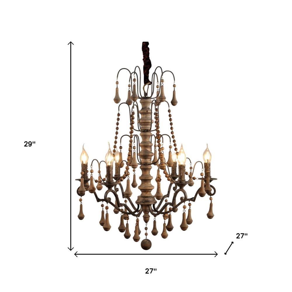 Brown Candle Style Six Light Solid Wood and Iron Chandelier