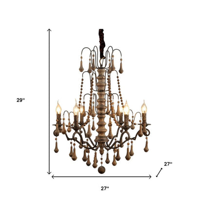 Brown Candle Style Six Light Solid Wood and Iron Chandelier