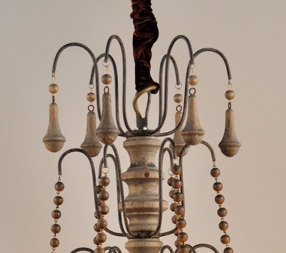 Brown Candle Style Six Light Solid Wood and Iron Chandelier — view 1