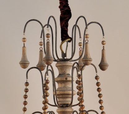 Brown Candle Style Six Light Solid Wood and Iron Chandelier