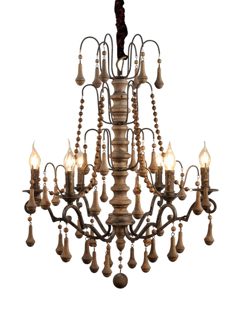 Brown Candle Style Six Light Solid Wood and Iron Chandelier — view 2