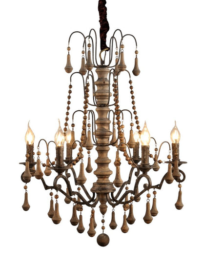 Brown Candle Style Six Light Solid Wood and Iron Chandelier