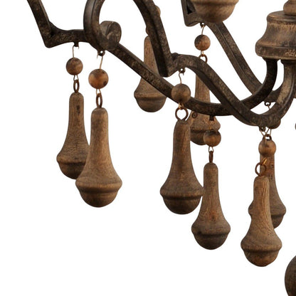 Brown Candle Style Six Light Solid Wood and Iron Chandelier