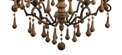 Brown Candle Style Six Light Solid Wood and Iron Chandelier