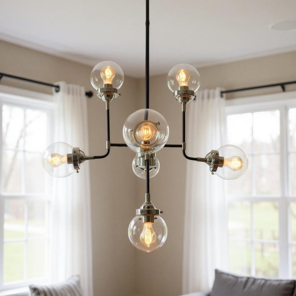 Silver Sputnik Eight Light Metal and Iron Chandelier With Clear Shades