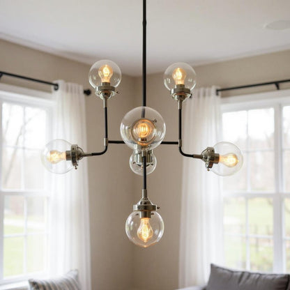 Silver Sputnik Eight Light Metal and Iron Chandelier With Clear Shades