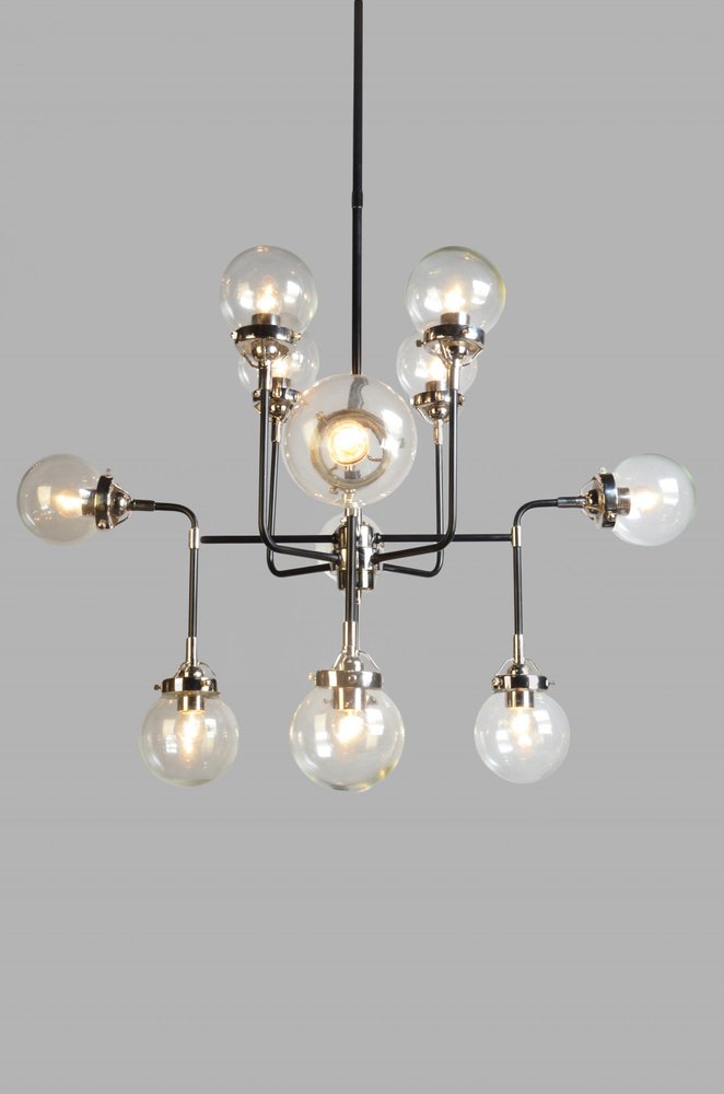 Black And White Sputnik Eight Light Metal and Steel Chandelier With Clear Shades