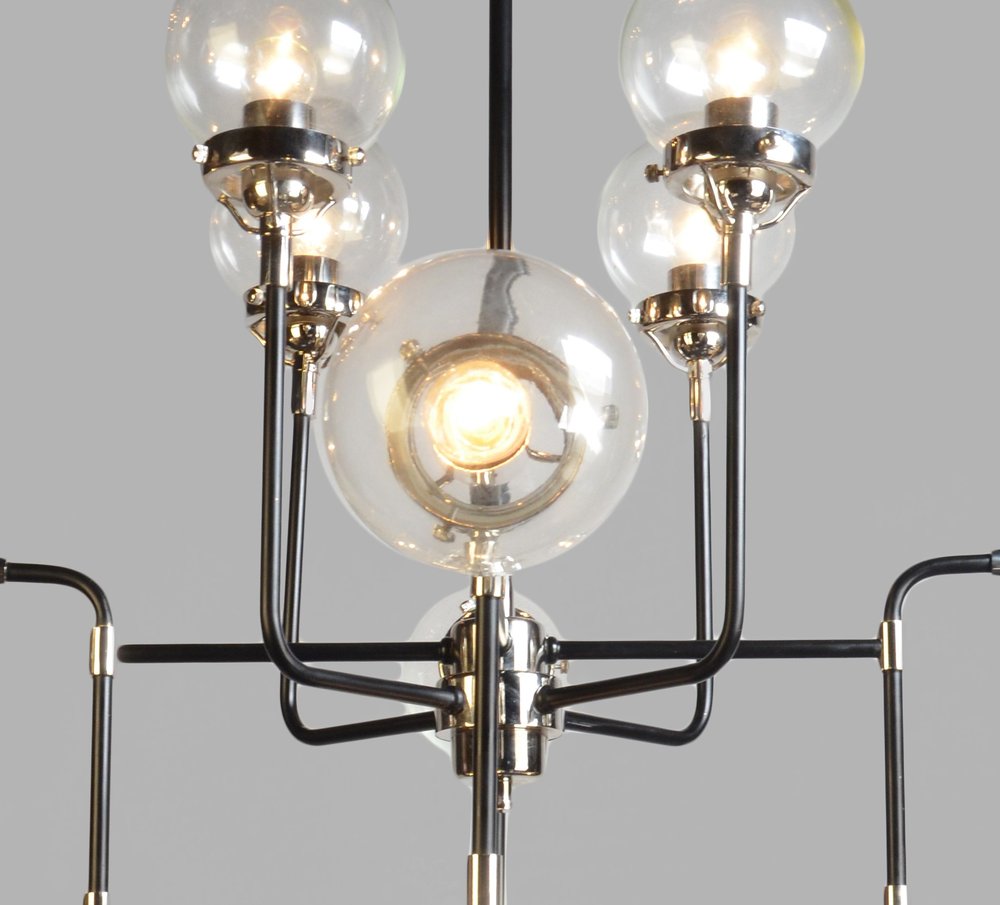 Black And White Sputnik Eight Light Metal and Steel Chandelier With Clear Shades