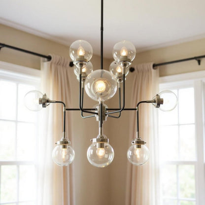 Black And White Sputnik Eight Light Metal and Steel Chandelier With Clear Shades