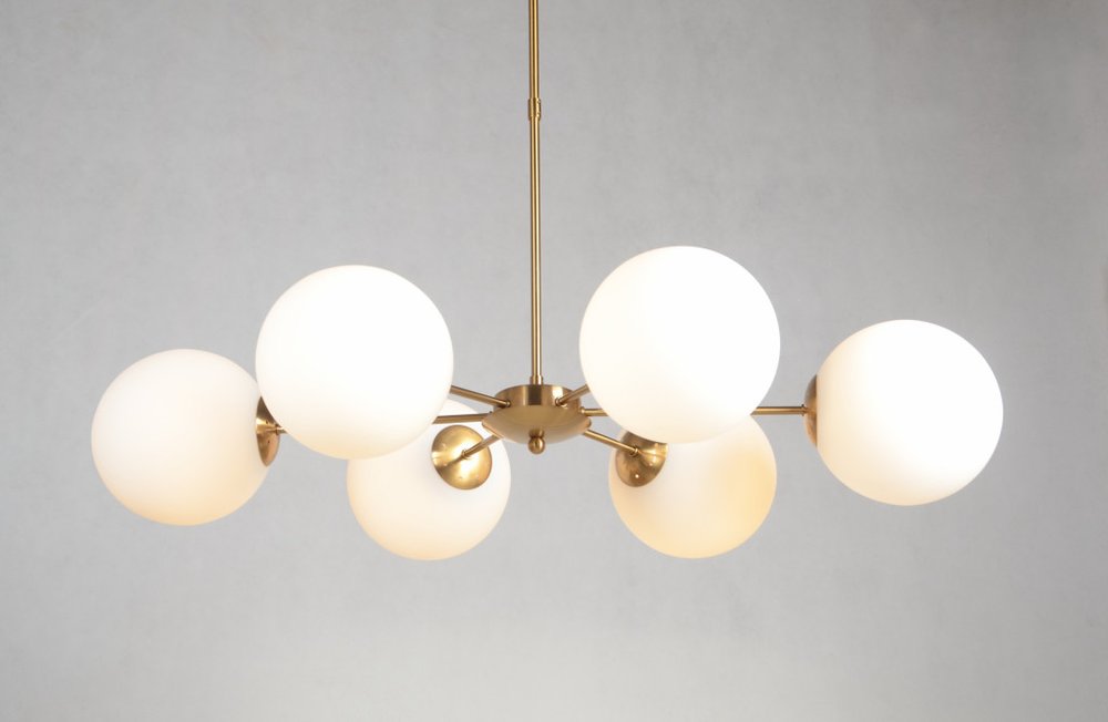 Brass Sputnik Six Light Metal Chandelier With White Shades — view 1