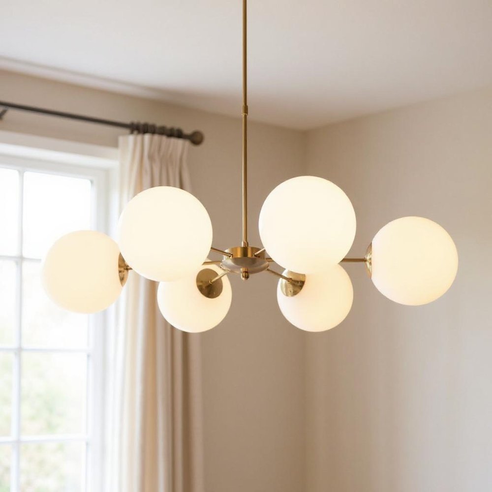 Brass Sputnik Six Light Metal Chandelier With White Shades — view 7