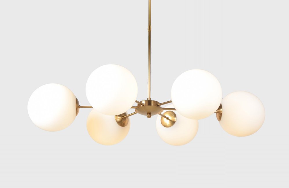 Brass Sputnik Six Light Metal Chandelier With White Shades — view 2