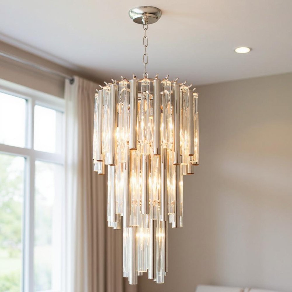 Silver Unique Statement Seven Light Metal and Crystal Glass Chandelier With Clear Shades — view 4