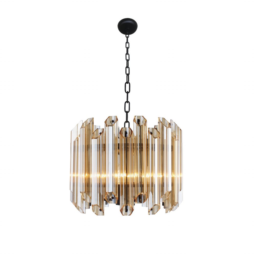 Amber Unique Statement Five Light Metal and Beveled Glass Chandelier With Amber Shades — view 1