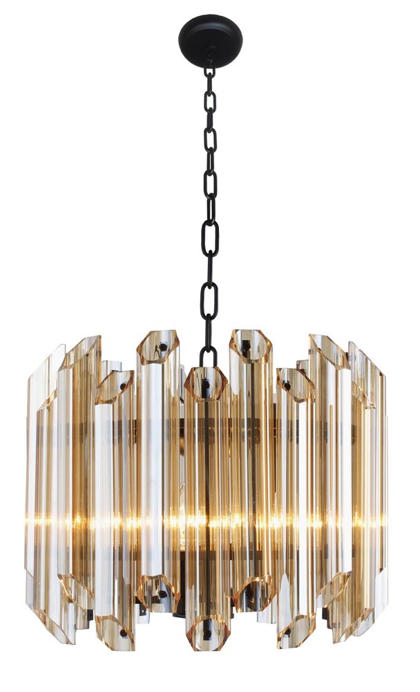 Amber Unique Statement Five Light Metal and Beveled Glass Chandelier With Amber Shades — view 2