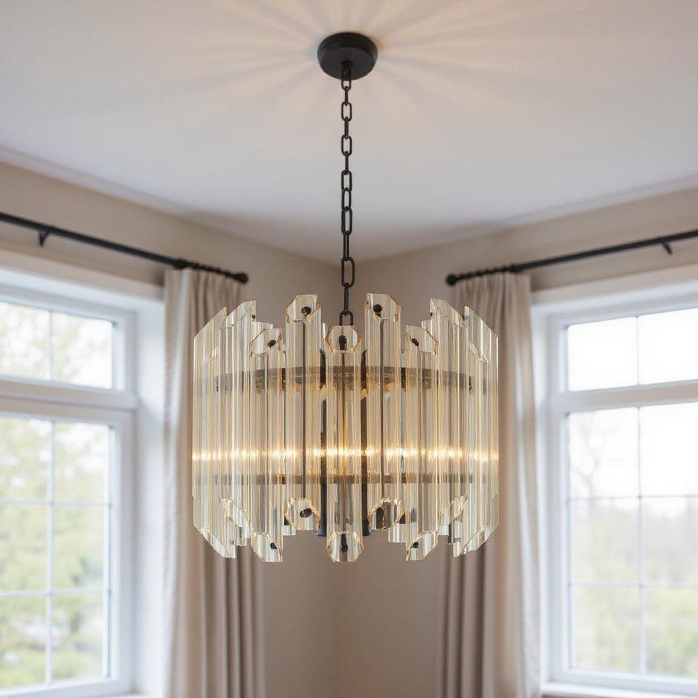Amber Unique Statement Five Light Metal and Beveled Glass Chandelier With Amber Shades — view 5