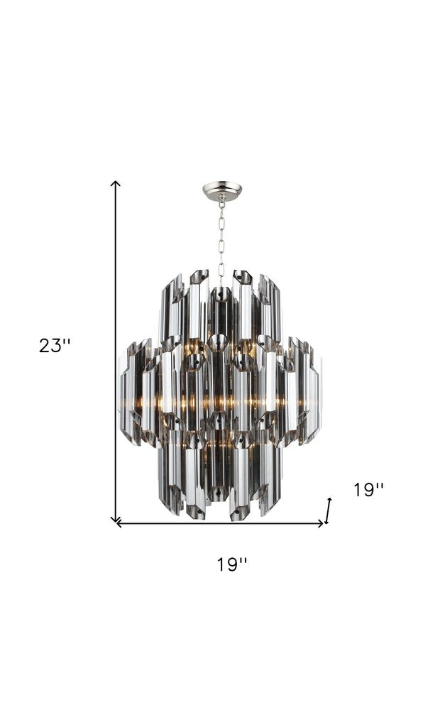 Silver Unique Statement Nine Light Metal and Beveled Glass Chandelier With Silver Shades — view 5