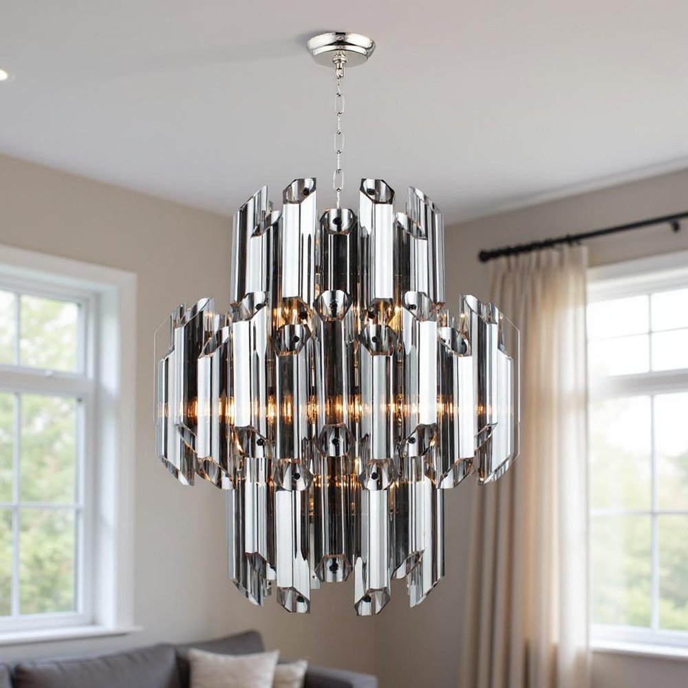 Silver Unique Statement Nine Light Metal and Beveled Glass Chandelier With Silver Shades — view 6