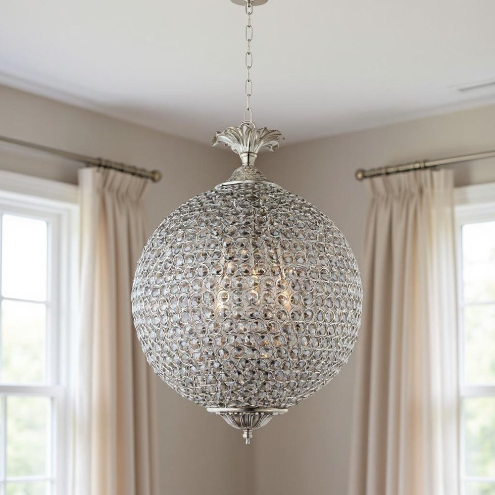 Silver Unique Statement Three Light Metal and Crystal Glass Chandelier With Clear Shades — view 5