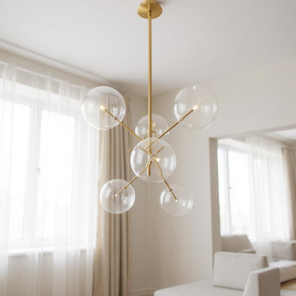 Antiqued Brass Sputnik Four Light Metal Chandelier With Clear Shades — view 5