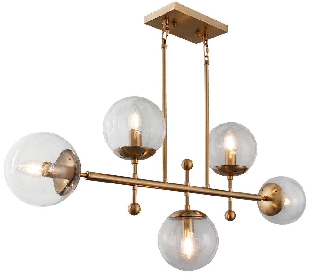 Brass Kitchen Island Five Light Metal and Transparent Glass Chandelier With Clear Shades — view 1