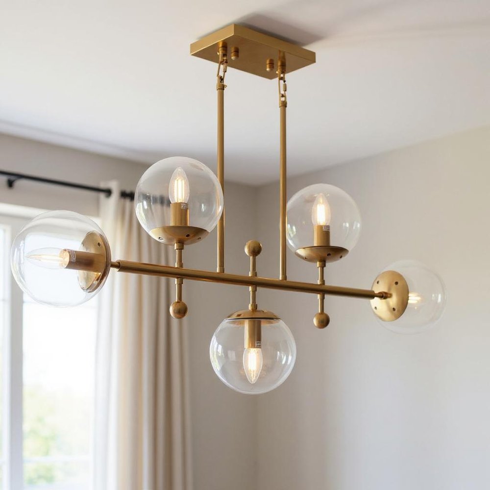 Brass Kitchen Island Five Light Metal and Transparent Glass Chandelier With Clear Shades — view 6