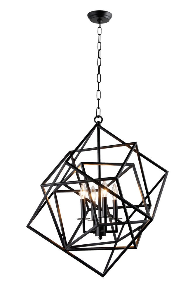 Black Unique Statement Four Light Metal Chandelier With Black Shades — view 1