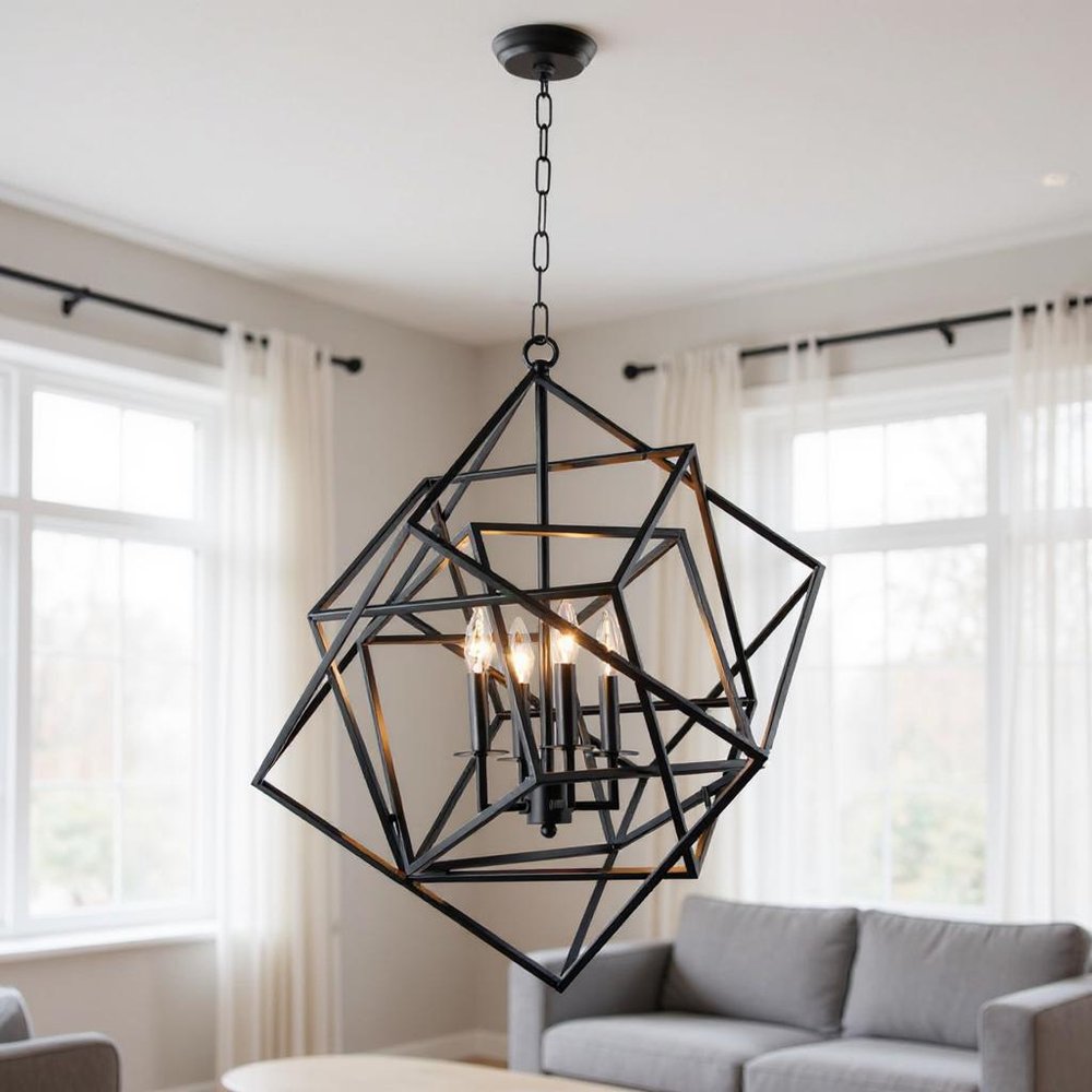 Black Unique Statement Four Light Metal Chandelier With Black Shades — view 5