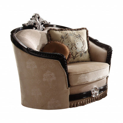 47" Tan and Black Fabric Floral Arm Chair And Toss Pillows HomeRoots