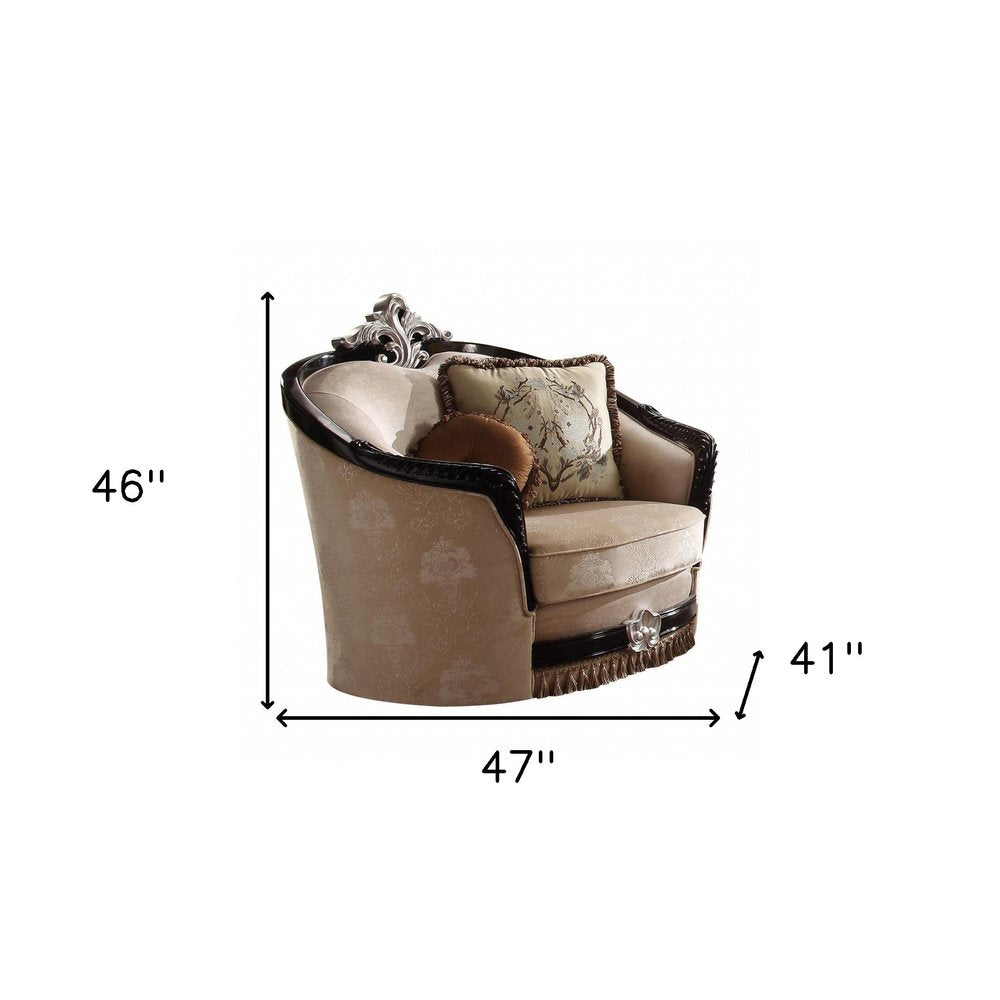 47" Tan and Black Fabric Floral Arm Chair And Toss Pillows HomeRoots