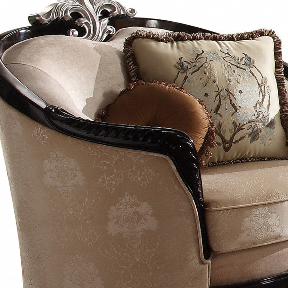 47" Tan and Black Fabric Floral Arm Chair And Toss Pillows HomeRoots
