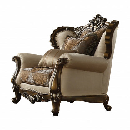 49" Tan and Brown Fabric Damask Tufted Wingback Chair And Toss Pillows HomeRoots