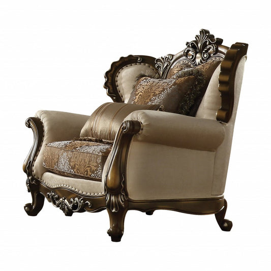 49" Tan and Brown Fabric Damask Tufted Wingback Chair And Toss Pillows HomeRoots