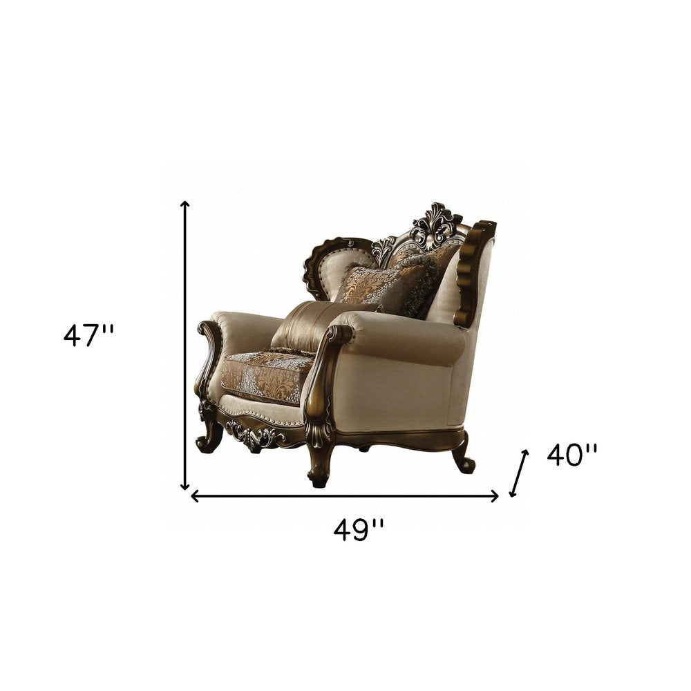 49" Tan and Brown Fabric Damask Tufted Wingback Chair And Toss Pillows HomeRoots